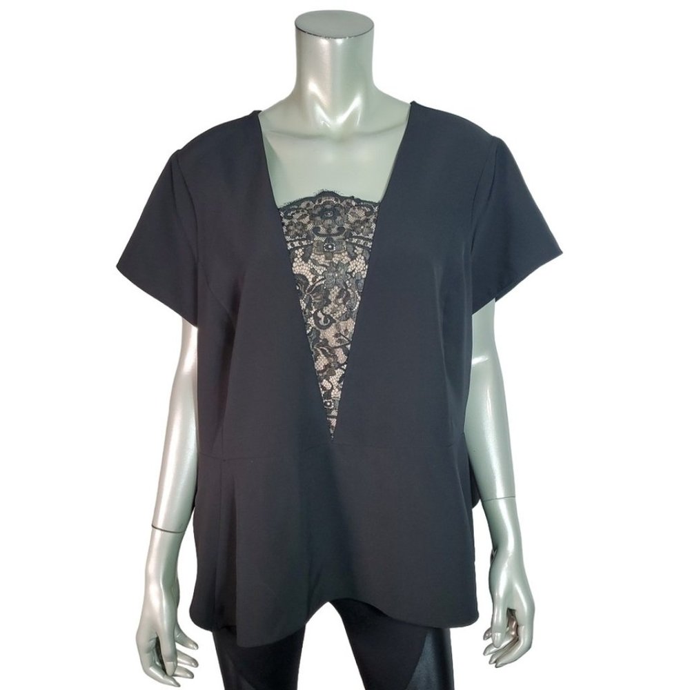 Lane Bryant Top Plus Size 22/24 Peplum Zip Up‎ Floral Short Sleeve Casual Black